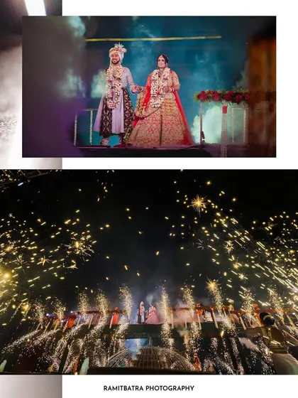 A collage showing the couple on stage during their Varmala, followed by a spectacular fireworks display.
