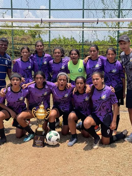 The U17 team and coaches roaring with passion after being crowned champions at the Global Cup in Goa.
