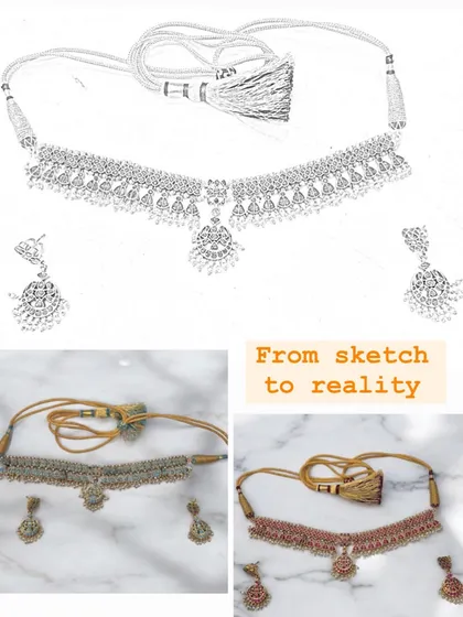 This is where the magic happens. I love turning your vision into reality, taking a design from a simple sketch and crafting it into a beautiful, wearable piece of art, like this custom choker set.