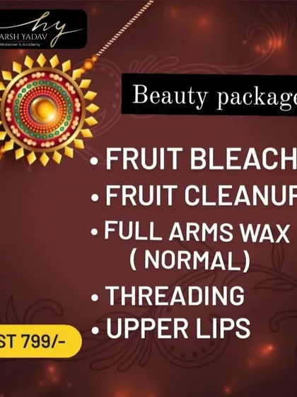 Here is another example of our essential grooming package offered during Rakhi. It includes a Fruit Bleach and Cleanup, normal full arms waxing, and threading, making it a convenient option for your basic salon needs.