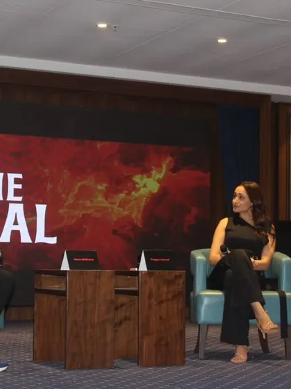 Moderating a panel is about creating a real conversation. Here I am, deep in discussion with actress Pragya Jaiswal at TEDx NM College, exploring ideas on creativity, cinema, and discipline.