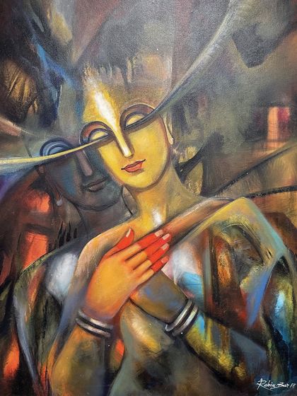 'TUNING HEART', a 24x30 inch acrylic on linen artwork showing an intimate and colorful embrace between two figures.