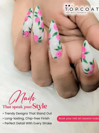 I treat every nail like a tiny canvas. This design features delicate pink roses hand-painted on long, white stiletto nail extensions, creating a fresh and romantic style that’s perfect for any special occasion.