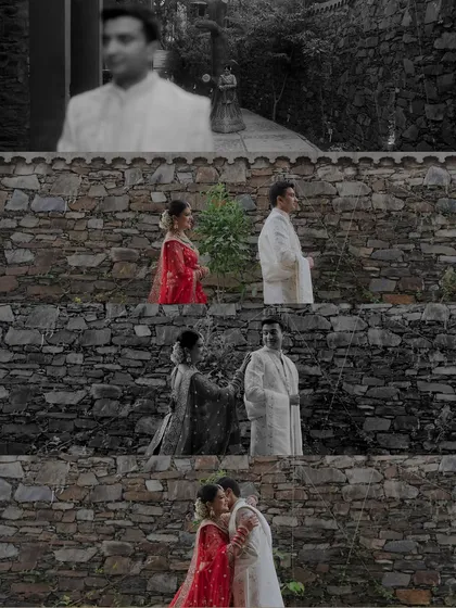 A collage telling the story of a couple's first moments together on their wedding day. From the first glance to a sweet kiss, this sequence captures the unfolding of their emotions against a rustic stone wall.