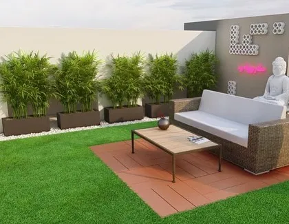 A design concept for a modern terrace garden featuring a sitting Buddha statue. Paired with bamboo plants and a comfortable outdoor sofa, it creates a space that feels both contemporary and peaceful.