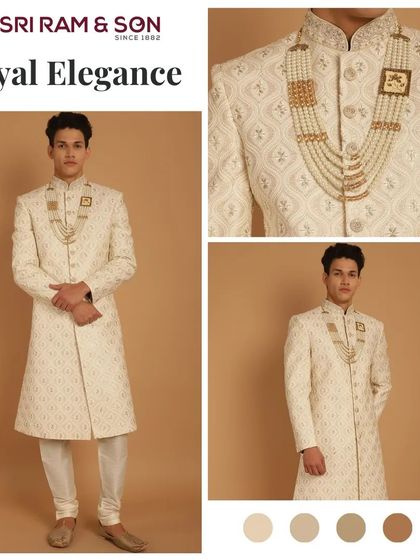 A closer look at the royal details. This ivory sherwani features intricate patterns and is accessorized with a multi-layered pearl mala, defining the ultimate in groom's wedding jewelry and attire.
