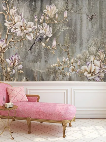 A classic and elegant wallpaper featuring birds perched on flowering branches. This design, shown against a wainscoted wall, creates a timeless and sophisticated look.