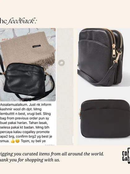 A feedback collage showing a customer's review about her durable sling bag and soft cashmere wool.