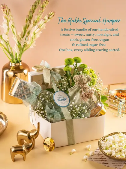 Gifting should feel as good as it tastes. This is my Rakhi Special Hamper, a festive bundle of handcrafted treats like Almond & Orange Tea Cake, Chocolate Hazelnut Makhanas, and our Celebration Box, all 100% vegan and gluten-free.