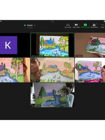 Our classroom has no walls. This is a snapshot from one of my online Zoom sessions, where young artists from around the world connect, share their work, and learn together, proving that creativity knows no distance.