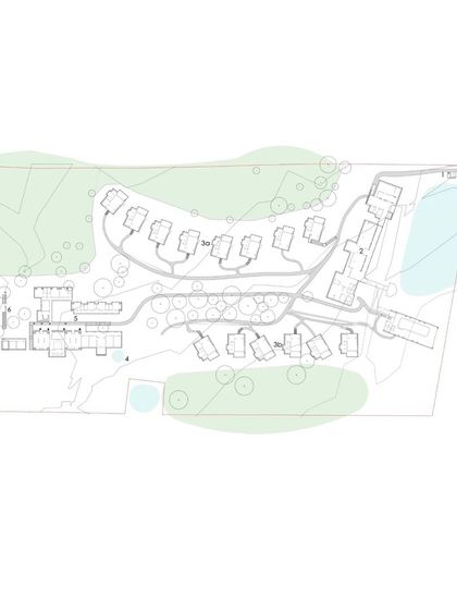 The master plan for Waghoba Ecolodge, showing the careful placement of the 16 cottages, main building, and water body to restore the site's natural ecosystem and create an immersive guest experience.