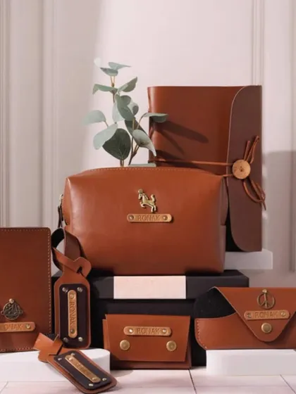I believe in gifts that are both stylish and sustainable. This collection highlights my range of personalized vegan leather accessories, from travel pouches and passport covers to diaries and wallets, all customizable with names and charms.