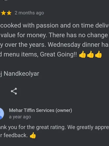 Consistency is key for a tiffin service. This review mentioning 'no change in quality over the years' is a testament to our commitment to providing great food and service every single day.