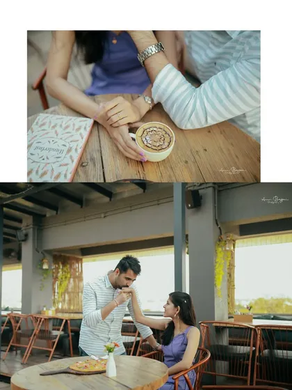 A collage of romantic gestures from a cafe pre-wedding shoot. From holding hands across the table to a gentle kiss, these moments are full of tenderness.