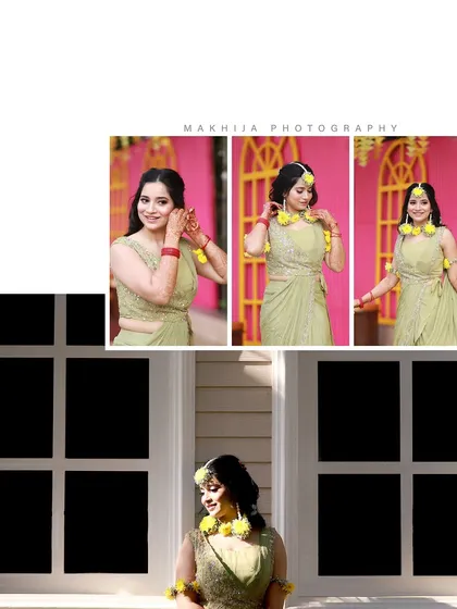 A series of portraits of the bride at her Haldi. This collage showcases her beautiful floral jewelry and her joyful expressions as she gets ready for the ceremony.