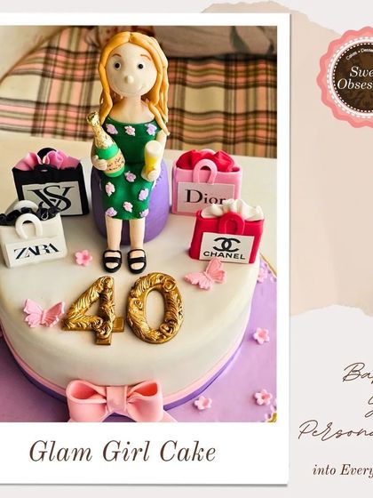 A "Glam Girl" 40th birthday cake, complete with edible shopping bags from Dior, Chanel, and Victoria's Secret.