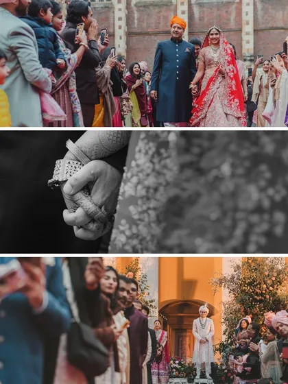 A collage capturing the fusion of cultures at a Hampton Court Palace wedding. It shows traditional Indian attire and rituals against a quintessentially English backdrop.