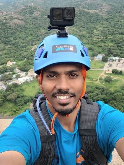 A selfie of Akash, geared up with a GoPro to capture his multi pitch adventure. His dream of climbing the big walls became a reality with the community.