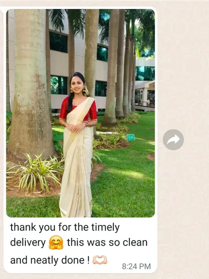 Positive feedback like this makes my day. A happy client sent me this photo from her event, thrilled with the clean and neat finish of her Kerala saree. My goal is always timely delivery and a perfect result.