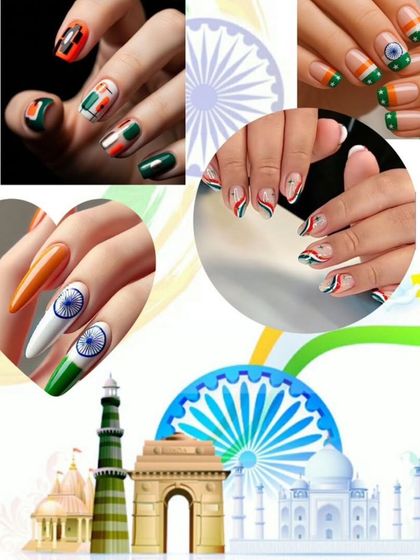 A collage of nail art designs inspired by the Indian flag, perfect for celebrating Independence Day or Republic Day.