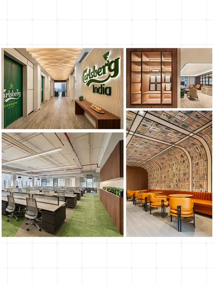 A collage of the Carlsberg India head office, showcasing the branded entryway, unique cafeteria design, and open-plan workstations. The images collectively represent how we translate a global brand's identity into a cohesive and functional workspace.