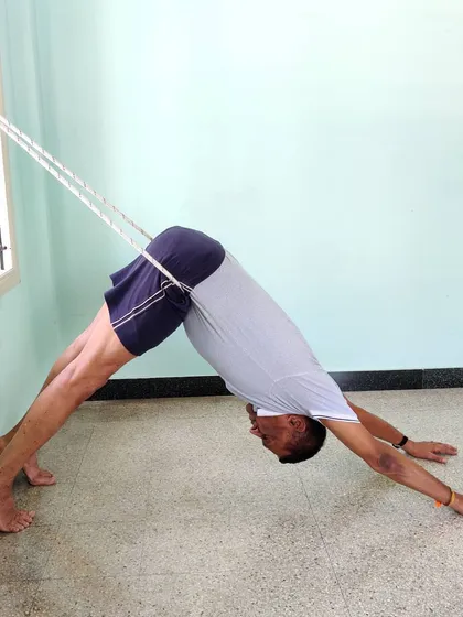 Another view of Adho Mukha Shvanasana with rope assistance. Notice how the rope helps to shift the weight back towards the heels, deepening the stretch in the hamstrings and calves.
