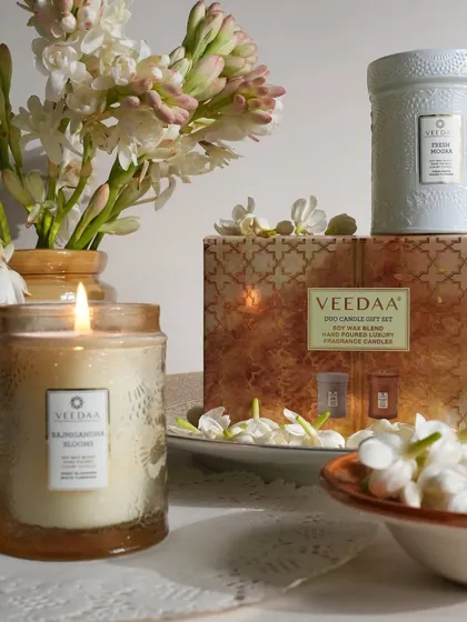 A classic choice for wedding favors, our Rajnigandha Blooms and Fresh Mogra candles are presented here as a duo gift set. The hand-poured coconut wax candles come in elegant jars that guests can repurpose long after the event.