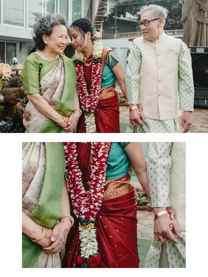 A touching moment between the bride and her parents at her South Indian wedding. We focus on capturing the love and blessings of family.