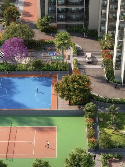 An aerial perspective of the multi-sport courts at Sattva Lumina. Our designs for high-rise developments strategically place colorful and functional recreational facilities to promote an active lifestyle for residents of all ages.
