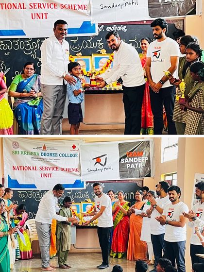 Team Sandeep Patil distributing prizes for a student art competition at Govt Higher Primary School, Arehalli. We believe in celebrating creativity and rewarding the hard work of young artists.