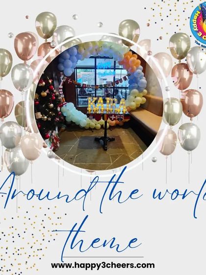 This is another look at the "Around the World" party theme, showing the festive and colorful balloon and table setup that I can customize for your event.