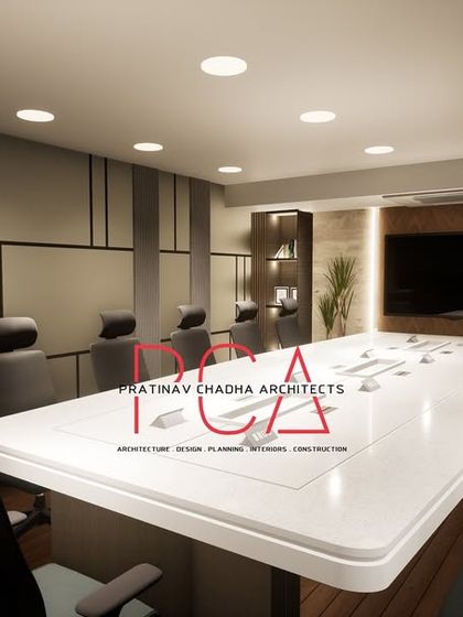 This visualization of the Narela conference room provides a clear view of the built-in shelving and the feature wall behind the screen, showcasing the amalgamation of wood and stone finishes.