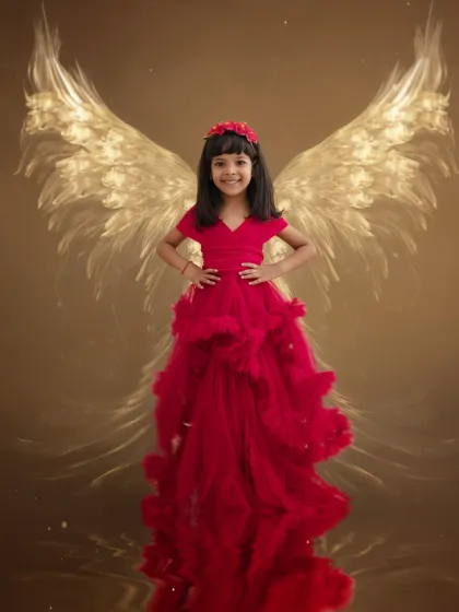 Every child has a touch of magic in them. This portrait of a young girl in a beautiful red dress, complete with glowing angel wings, is a perfect blend of classic portraiture and imaginative storytelling. It’s a timeless image she will treasure forever.