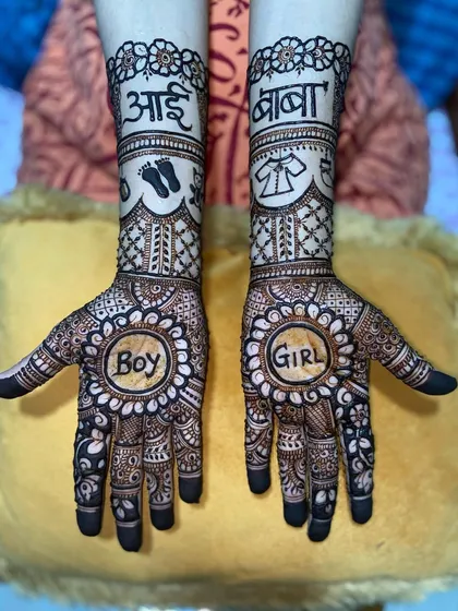 A playful 'Boy or Girl?' themed design for a gender reveal or baby shower. The hands feature floral mandalas with the text, alongside baby footprints and clothes motifs on the arms.