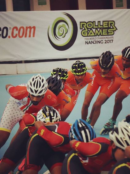 The calm before the storm. Lined up at the start of the World Roller Games in Nanjing, ready to represent India.