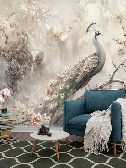 A serene and elegant wallpaper featuring a white peacock amidst misty mountains and cherry blossoms. The design is artistic and creates a peaceful atmosphere.