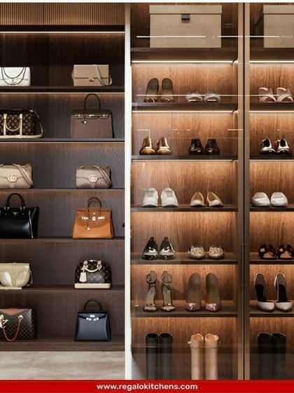 A luxury display for handbags and shoes. We design open shelving with integrated lighting to showcase your most prized accessories like works of art.