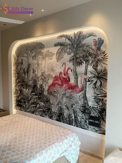 Another perspective of the flamingo and jungle mural, highlighting the placement of the colorful macaw and the detailed palm trees. This shows how our designs are perfectly scaled to fit unique architectural features like this curved wall.