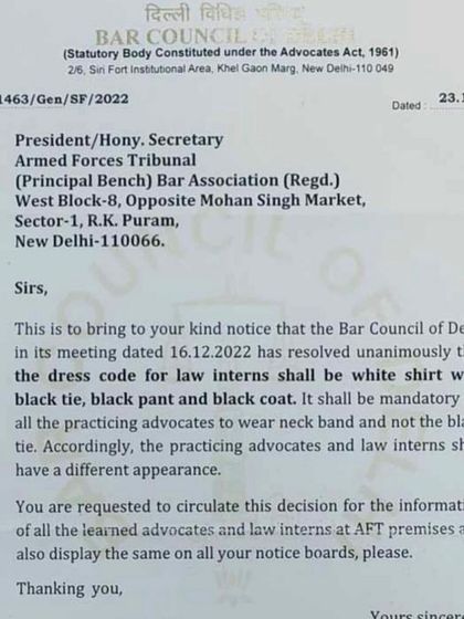 The Bar Council of Delhi has specified the dress code for law interns to ensure a different appearance from practicing advocates. Interns are required to wear a white shirt, black pants, and a black tie, distinguishing them from advocates who wear a neckband.