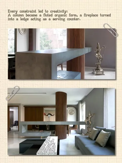 The Bhasker Residence, a renovation project that taught us about turning constraints into creativity. A structural column became a fluted organic form, and a fireplace was reimagined as a serving ledge.