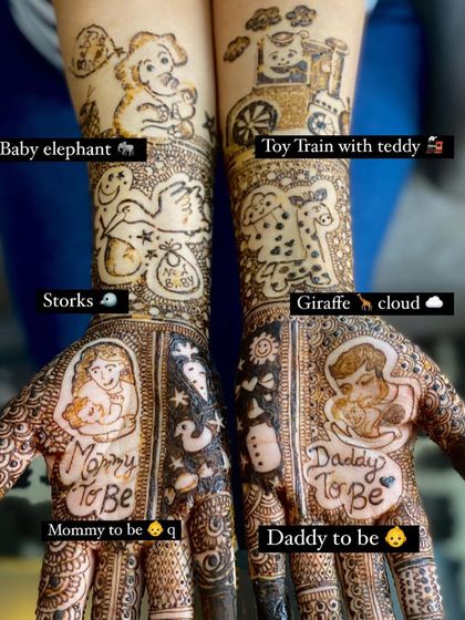 A closer look at the details of a personalized baby shower design. It includes portraits of the 'Mommy to Be' and 'Daddy to Be', along with cute elements like a baby elephant and a toy train.