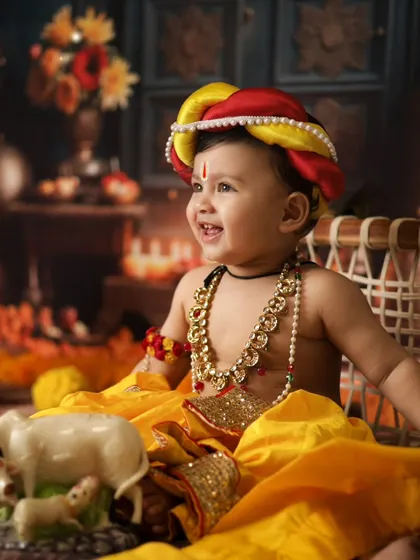 A side profile of our little Krishna, looking so innocent and sweet. The warm lighting and traditional props create a magical feel.