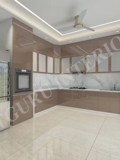 A 3D concept for a kitchen with glossy, light brown cabinets and a marble backsplash. We plan the layout of appliances, including the refrigerator and built-in oven, for optimal workflow.
