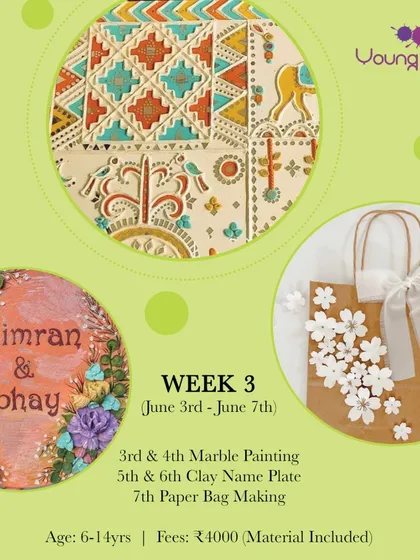 Week 3 focused on decorative arts. The kids loved making mesmerizing marble paintings, designing personalized clay name plates, and crafting beautiful paper bags.