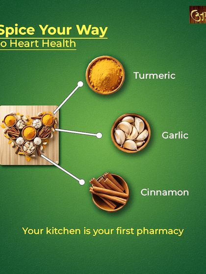 You can spice your way to better heart health. This visual highlights three key spices from your kitchen pharmacy: turmeric, garlic, and cinnamon, all of which have properties that support a healthy heart.