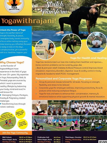 This flyer provides a comprehensive overview of my services. With over 20 years of experience, I offer everything from group classes to personalized programs for health and healing, including managing dialysis, paralysis, and pregnancy-related challenges.