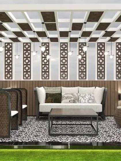 Proposed design for a pergola with a unique patterned roof and decorative jaali panels at the back, creating a semi-private lounge.