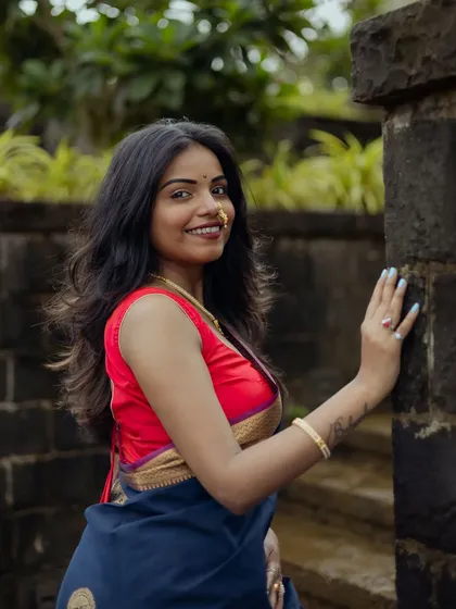 A bright and welcoming portrait. The model leans against a stone wall, smiling directly at the camera, creating a friendly and engaging image that showcases her natural beauty in a traditional saree.