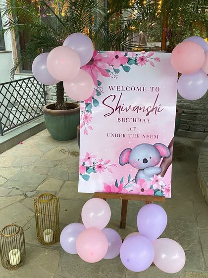 A cute welcome sign for Shivanshi's birthday party, featuring a koala illustration.