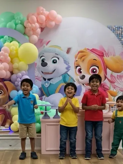 The kids having a blast at the Paw Patrol party. The colorful and engaging setup is designed to be a playground for their imaginations.